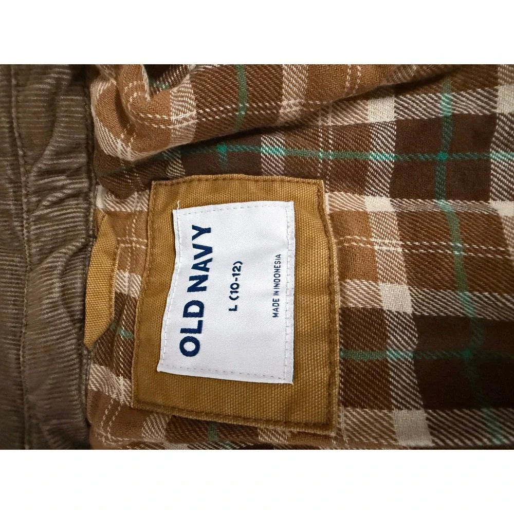 Old Navy Boys Brown Canvas Barn Jacket Corduroy Collar Plaid Lined Size L 10-12